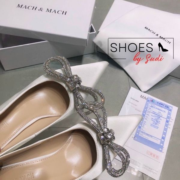 Giày cao gót SUDI - H94-BDC 5p nhọn bít mũi có nơ đính đá to 2 màu trắng đen tiểu thư cuốn hút mọi ánh nhìn