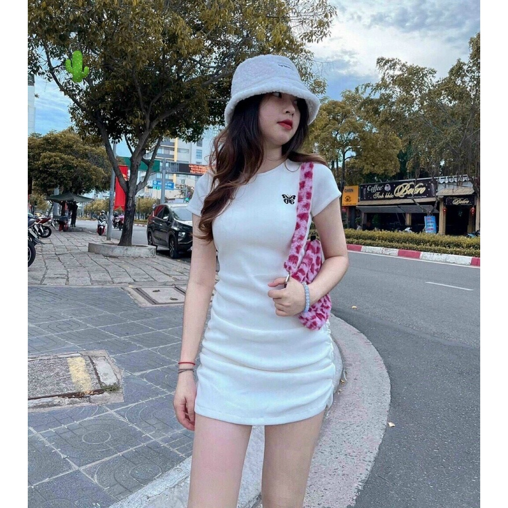 đầm body nhúng borip thêu cổ tròn ngắn tay