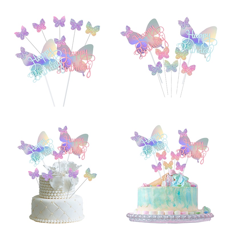 Set 5 Phụ Kiện Trang Trí Bánh Kem Sinh Nhật Bé Hình Bướm Đính Kim Sa Lấp Lánh