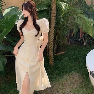 Đầm kiểu nàng thơ , tay phồng nút trước , dáng midi , kiểu nhíu ngực