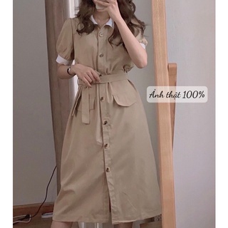 Váy Kaki Dáng Dài Phối Cổ Trắng