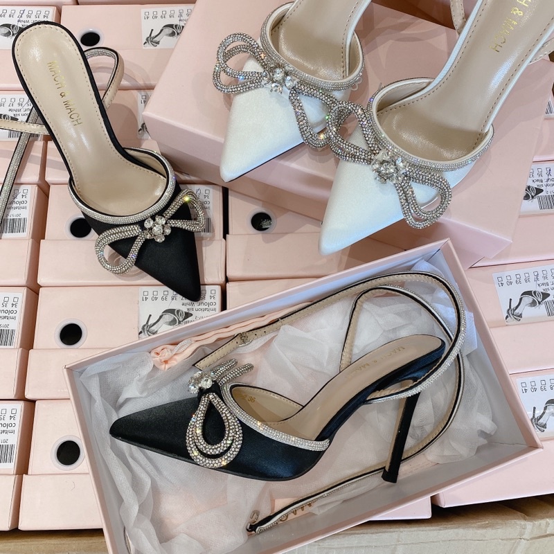 Giày cao gót nơ đá dây quấn cổ chân MM cao 10p