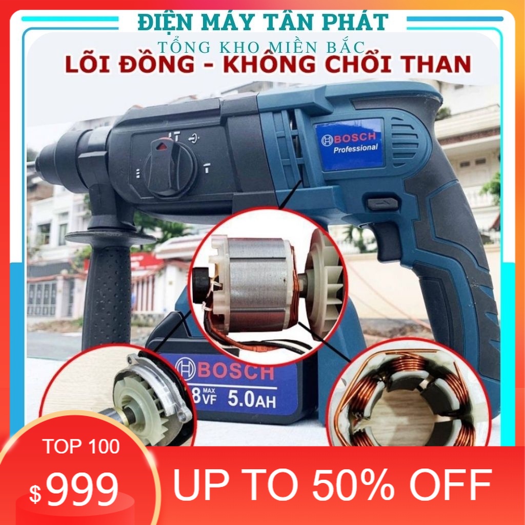 Máy khoan đục tường bê tông cầm tay dùng Pin BOSCH 118V, 3 Chức Năng