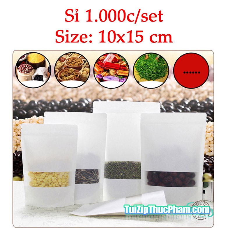1000 Cái Túi Zip Giấy Kraft Trắng MIS Size 10x15 cm Đựng 70g Bột Mịn Có Cửa Sổ Tràn Viền, Phủ BOPP CPP chống ẩm, bán sỉ