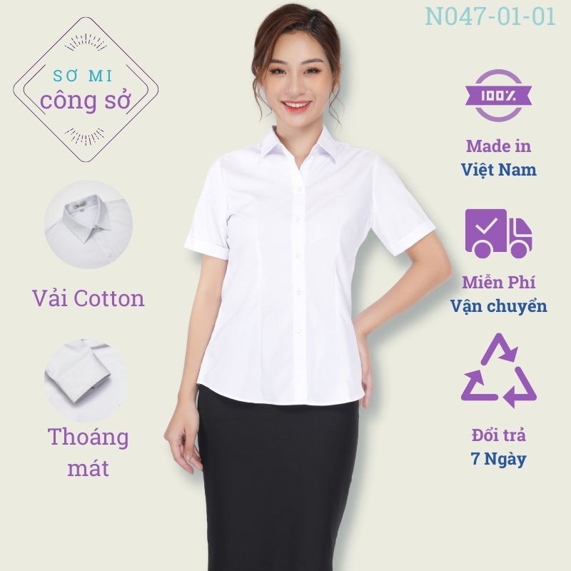 Áo sơ mi nữ tay ngắn Thái Hoà kiểu công sở đi học bigsize vải cotton màu trắng ...