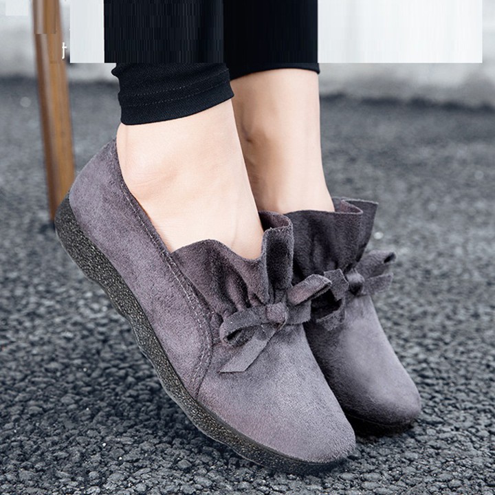 [SIÊU NHẸ_KHÔNG ĐAU CHÂN] Giày slip on nữ, búp bê da lộn nơ nhúng êm chân, dễ thương S091