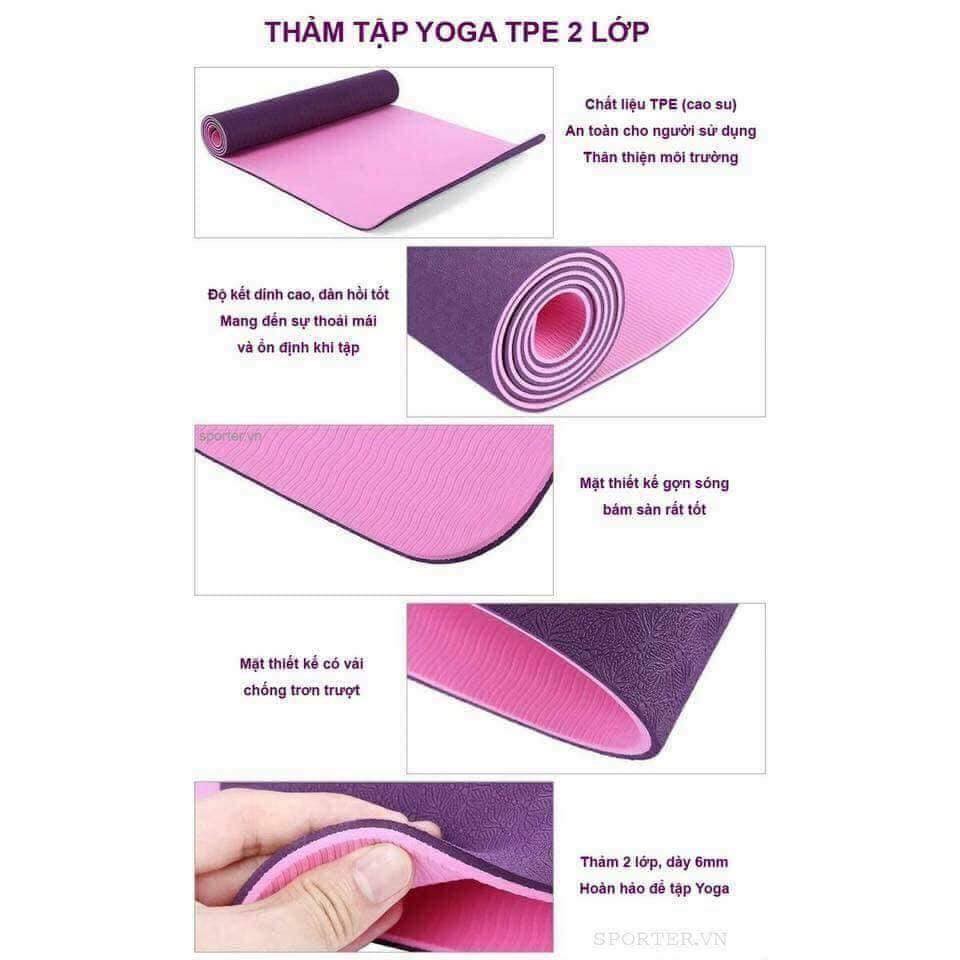 Thảm tập yoga TPE 6mm 2 lớp chống trơn (Túi đựng + màu ngẫu nhiên)