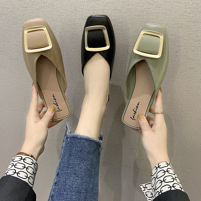 Square Buckle Slippers Women's Outer Wear New Fashion Casual Women's Shoes Muller SandalsinsToe Cap Semi Slipper Flip-Fl