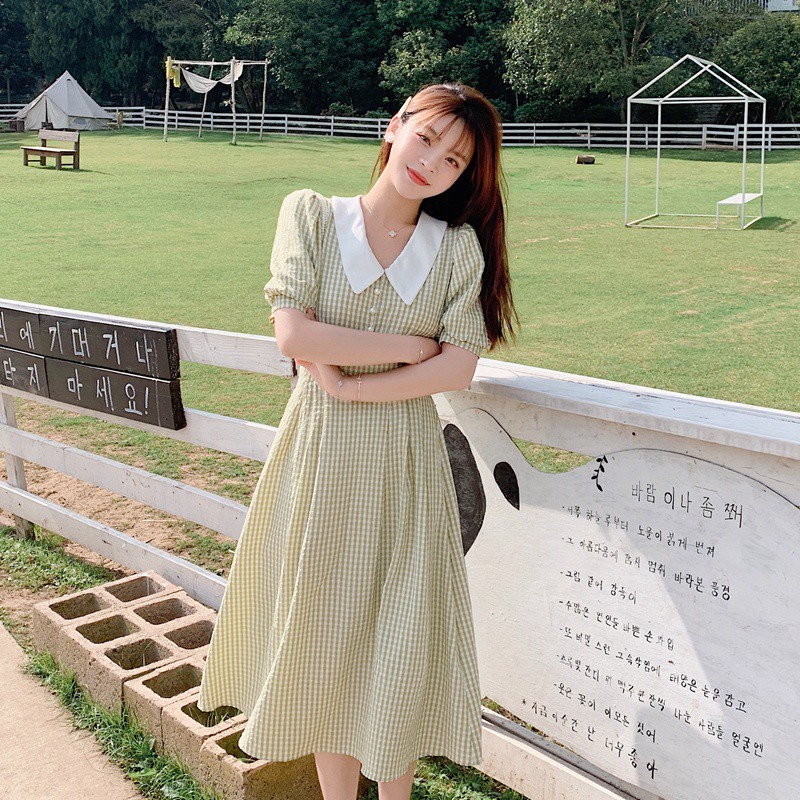 Đầm dài cổ chữ V ngắn tay họa tiết kẻ sọc ca rô thời trang 44719