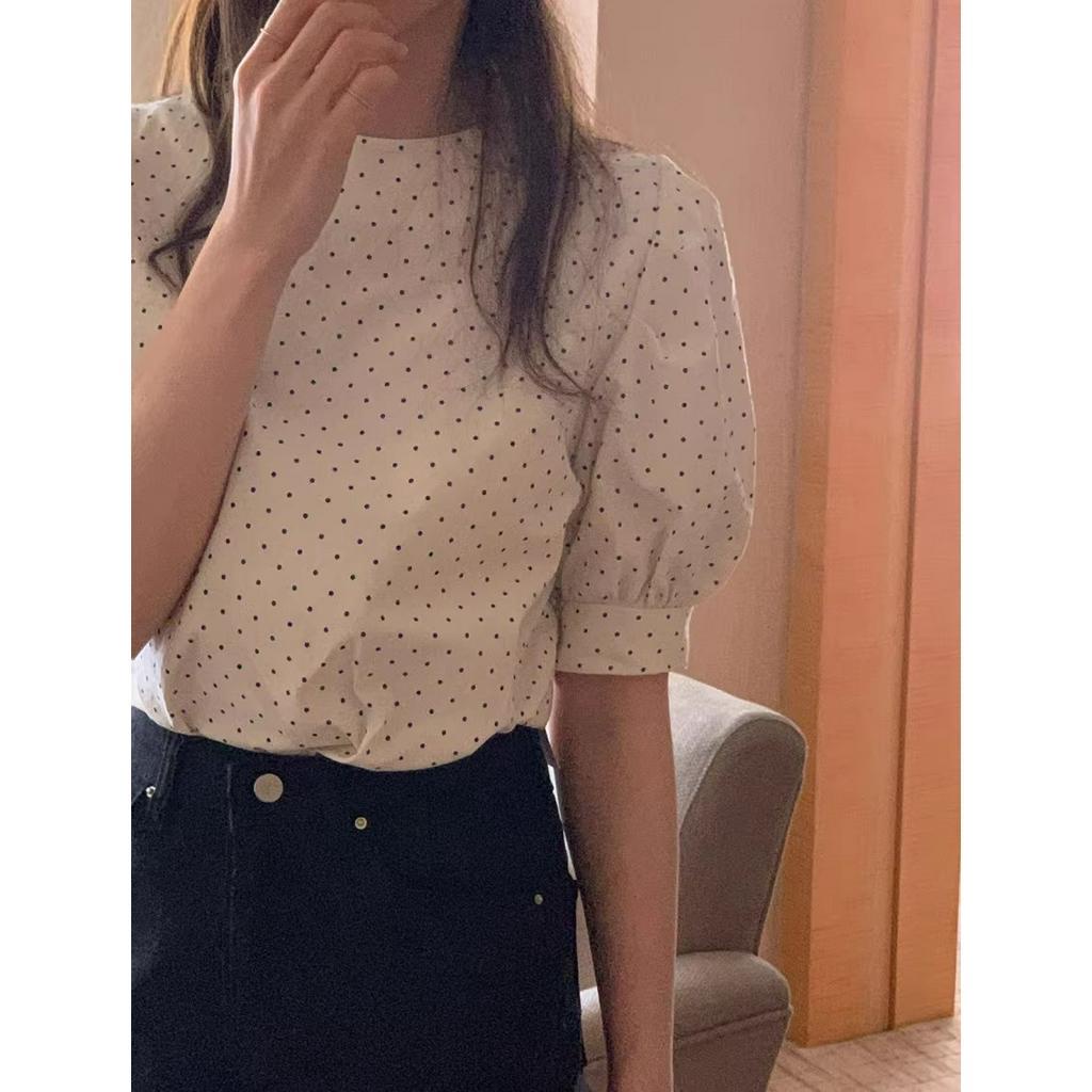 Xiaozhainv Áo Sơ Mi Tay Ngắn Cổ Tròn Họa Tiết Chấm Bi Phong Cách Hàn Quốc Ngọt Ngào Thời Trang Mùa Hè Cho Nữ