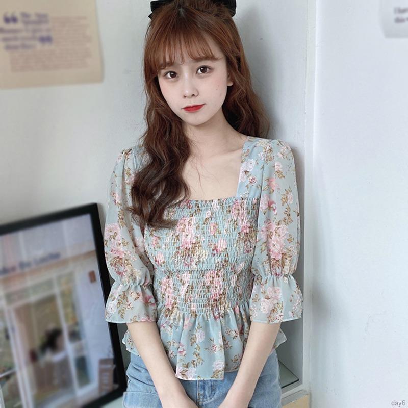 Áo Kiểu Chất Chiffon Tay Ngắn Cổ Vuông Hoạ Tiết Hoa Phong Cách Hàn Quốc
