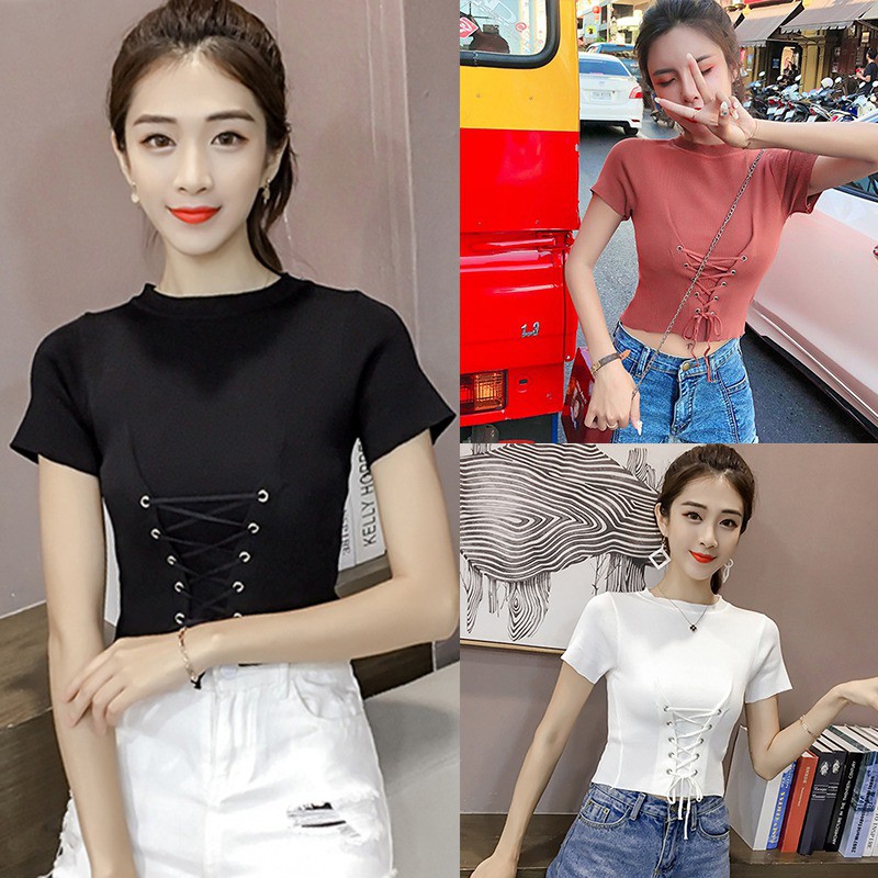 FREESHIP ĐƠN 99K_ Áo Croptop dệt kim tay ngắn thiết kế cổ tròn thanh lịch
