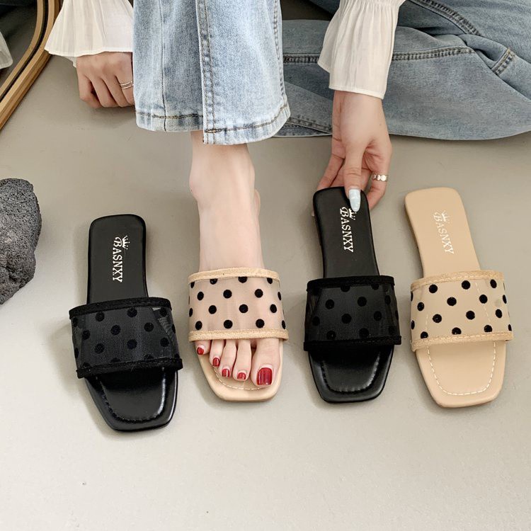 Fashionable Square Head One Line Wave Dot Decoration Flat Bottom Sandals for Women