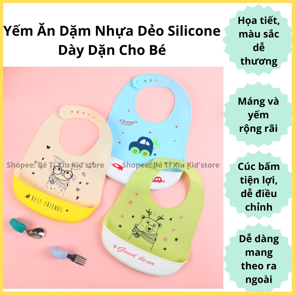 Yếm Ăn Dặm Nhựa Dẻo Silicone Dày Cho Bé Trai Bé Gái Bền Đẹp Dễ Thương