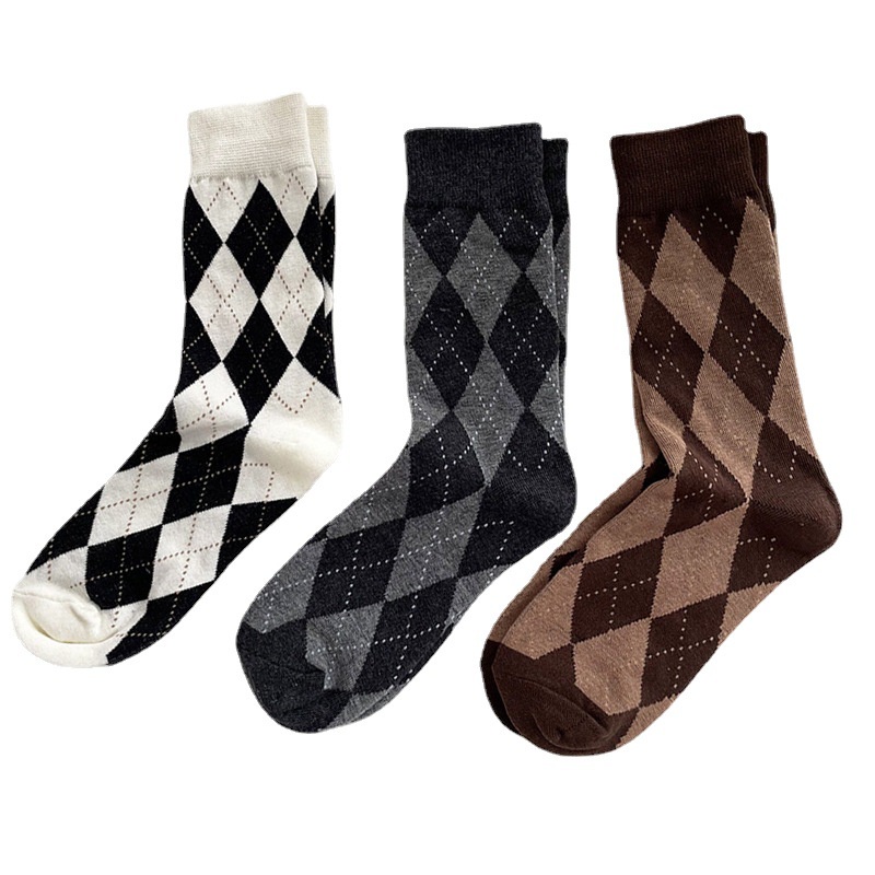 Vớ Cotton Họa Tiết Hình Thoi Trắng Đen Phong Cách Harajuku Nhật Bản Thời Trang Cho Nữ