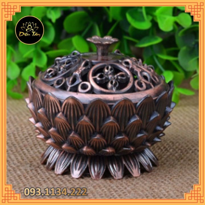 Lư hương đỉnh xông nụ trầm hương màu đồng đỏ lò đốt nhang vòng nhang que đế chân nến phụ kiện thác khói