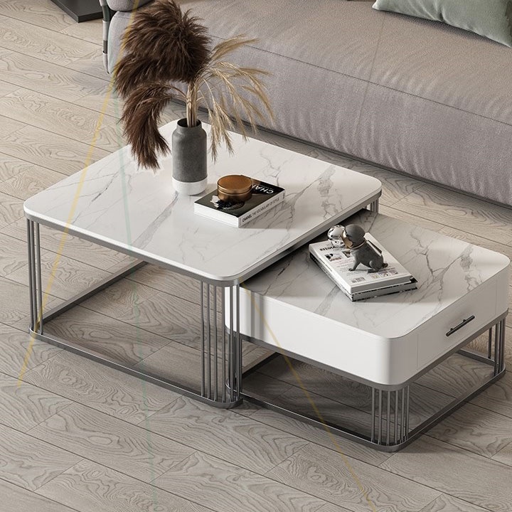 Bàn trà đôi FUNHOUSE hộp vuông mặt đá ceramic cao cấp, bộ bàn uống nước ca cấp phong cách Bắc Âu A30