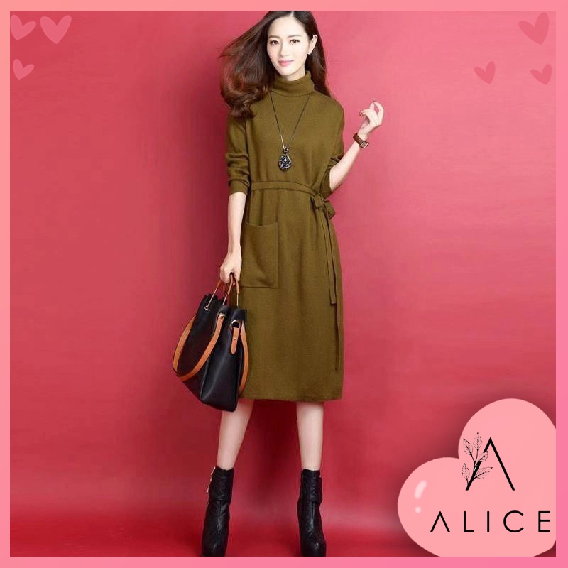 Đầm váy vải dạ mùa đông bigsize len cổ cao thắt eo xanh quân đội đen giá rẻ đẹp