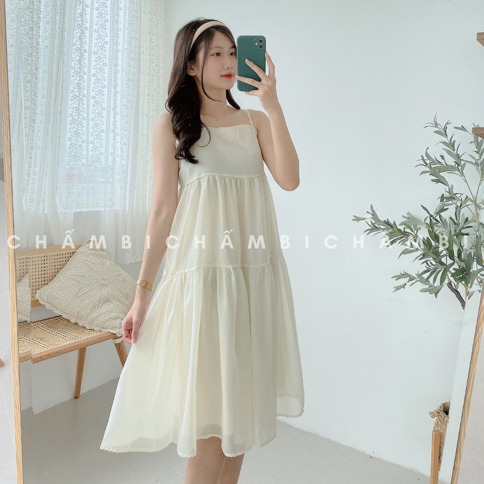 Váy kiểu Hàn Quốc V.069, váy voan tơ hai dây thắt nơ 3 tầng cực xinh | BigBuy360 - bigbuy360.vn