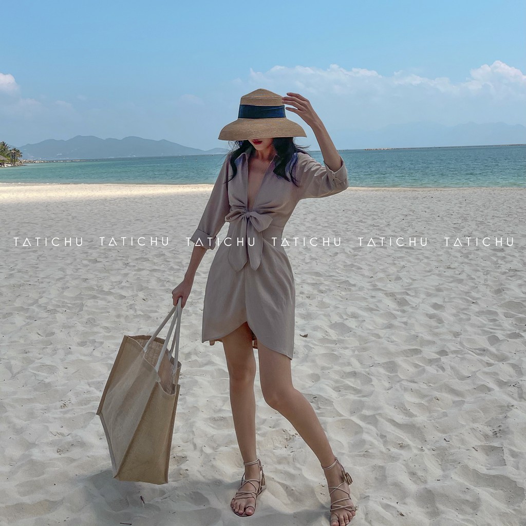 Tropicana Shirt Dress- Đầm sơ mi cổ xẻ V cột nơ, đầm linen đi biển, mùa hè