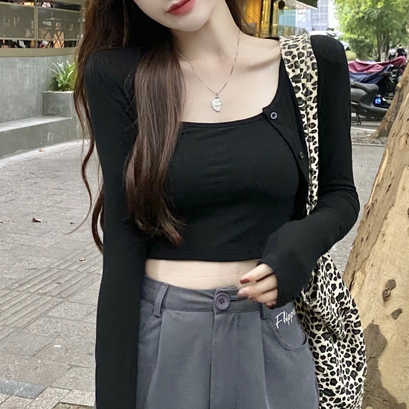 ZHELIHANGFEI Tên áo dài tay T - dây đeo áo hở lưng cao gợi cảm hai chiếc - bộ