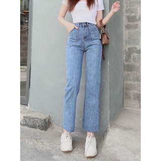 Quần bò ống đứng nữ lưng cao, quần jean trơn túi nhọn co dãn cạp cao tôn dáng màu xanh đậm - xanh nhạt