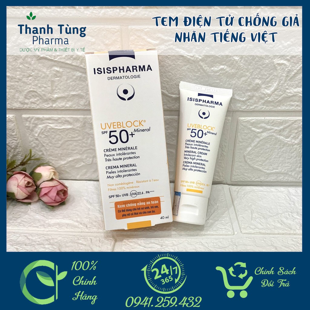 KEM CHỐNG NẮNG UVEBLOCK SPF 50+ TINTED MINERAL  ✅[CHÍNH HÃNG] ✅ISIS PHARMA KHÔNG MÀU CHO DA NHẠY CẢM