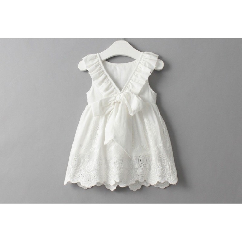 Váy trắng bé gái vintage Váy thắt nơ điệu đà cho bé hè 2021