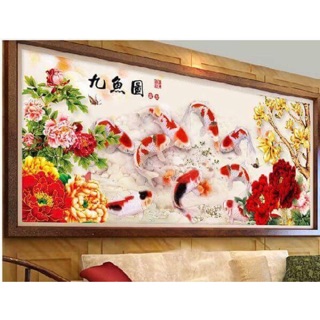 Tranh thêu chữ thập cửu ngư quần hội chữ việt 200x90cm