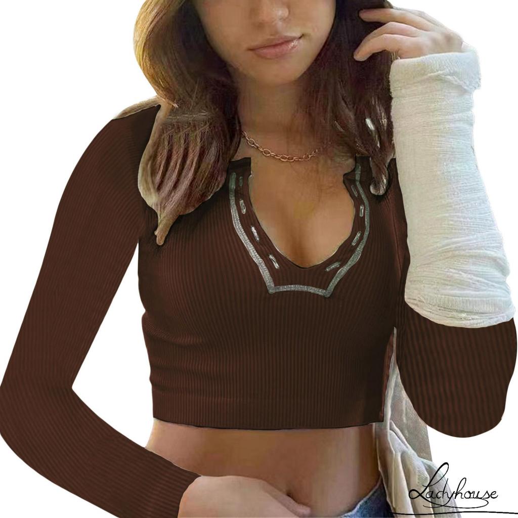 Áo Croptop Tay Dài Cổ Chữ V Có Nút Gài Phía Trước Dáng Ôm Thời Trang Xuân Hè Cho Nữ