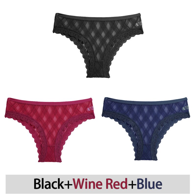 Set 3 quần lót FINETOO phối lưới xuyên thấu size M-2XL thời trang quyến rũ dành cho nữ