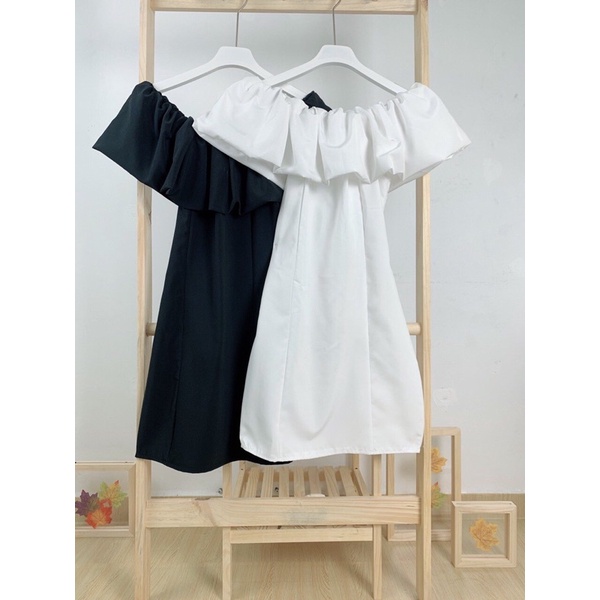 Váy trễ vai tay bồng duyên dáng Tặng Scrunchies - Màu đen, trắng < 55kg