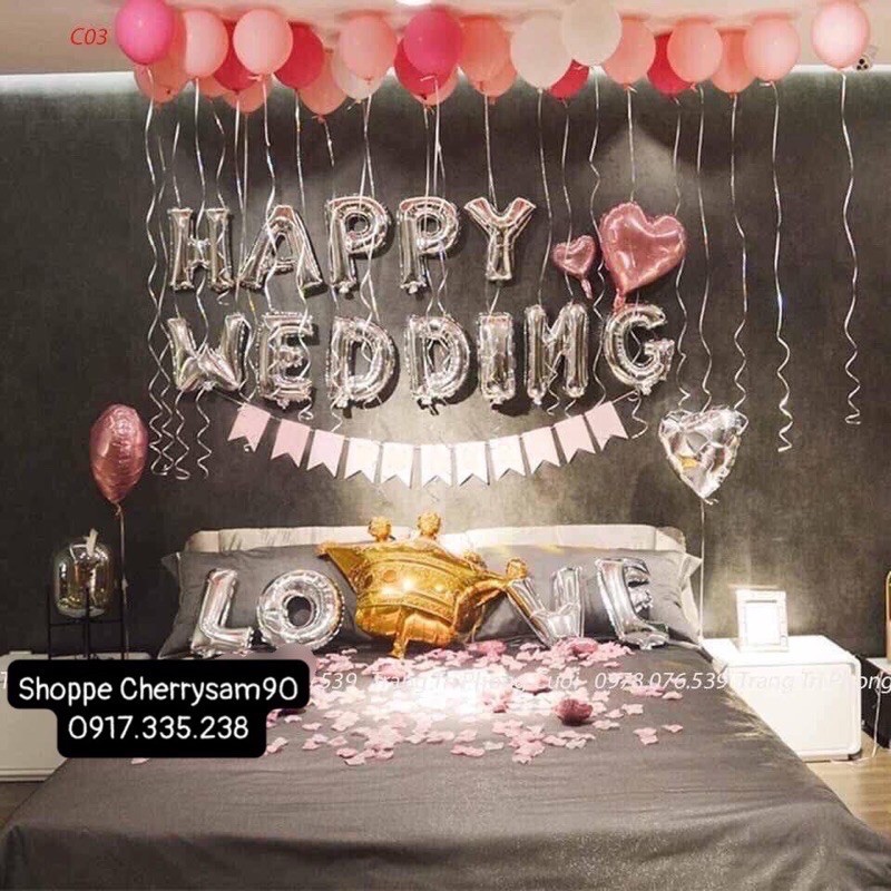 Set Bóng HAPPY Wedding Tim Sao 30 Bóng Tặng 1Bơm 1keo Dán,1Ruy Băng