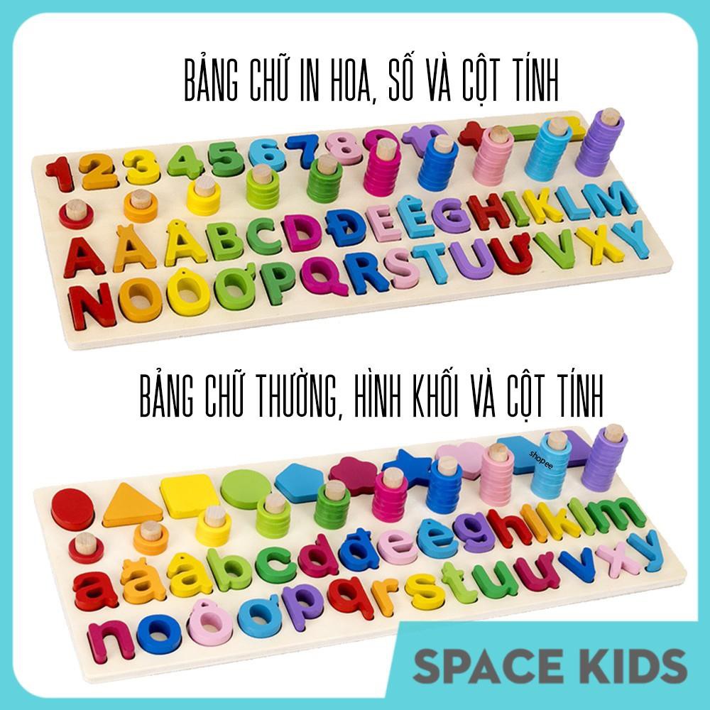 ♥ Đồ chơi gỗ thông minh 3 trong 1 bảng chữ cái tiếng việt, hình khối và cột tính xếp hình cho bé Space Kids ♥
