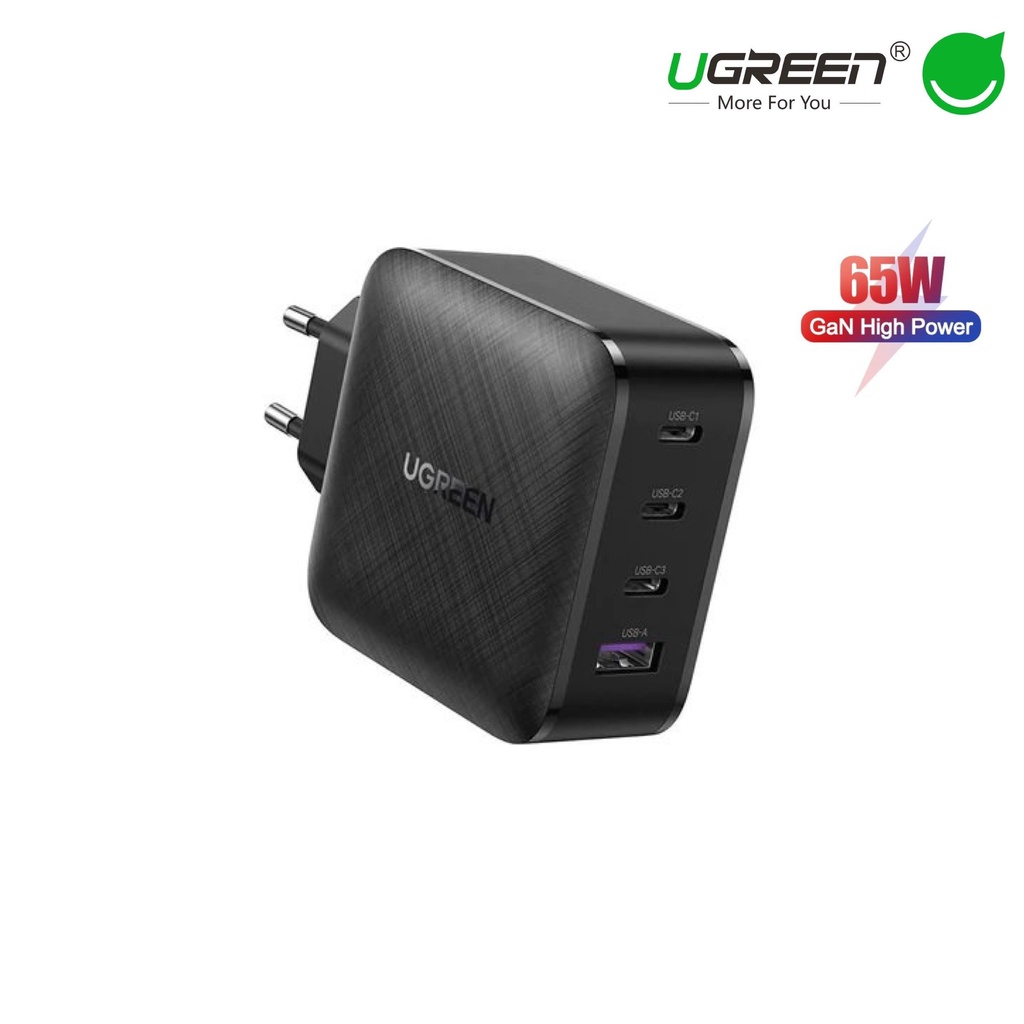 Củ Sạc Siêu Nhanh 65W 4 Cổng Ugreen 70774 - GaN X - 3 Cổng Type C - 1 Cổng USB A - Chân Cắm Tròn - Hàng Chính Hãng