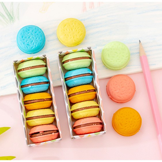 Gôm tẩy bút chì hình bánh macarons dễ thương hộp 5 gôm tẩy nhiều màu sắc