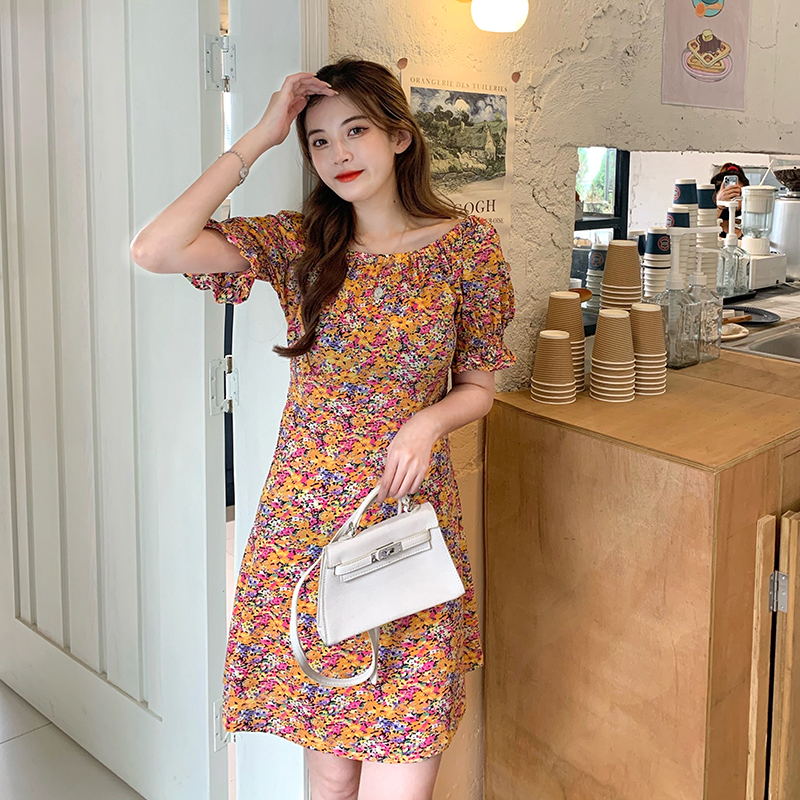 SUXI Đầm Nữ Ngắn Tay Cổ Tròn In Hoa Thời Trang