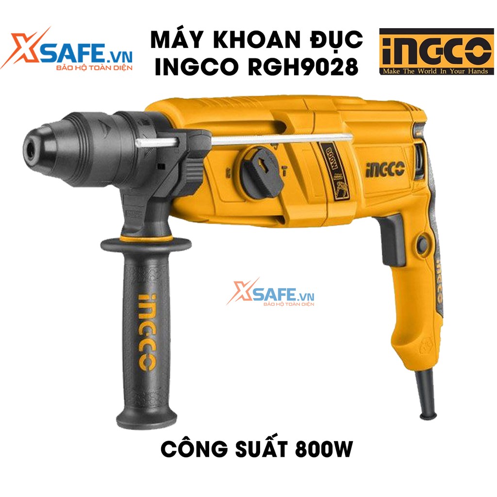 Máy khoan búa dùng pin 3 chức năng 800W INGCO RGH9028 đầu gài sds plus, tốc độ 1200 rpm tốc độ búa 5300bpm, lực đập 2.5j
