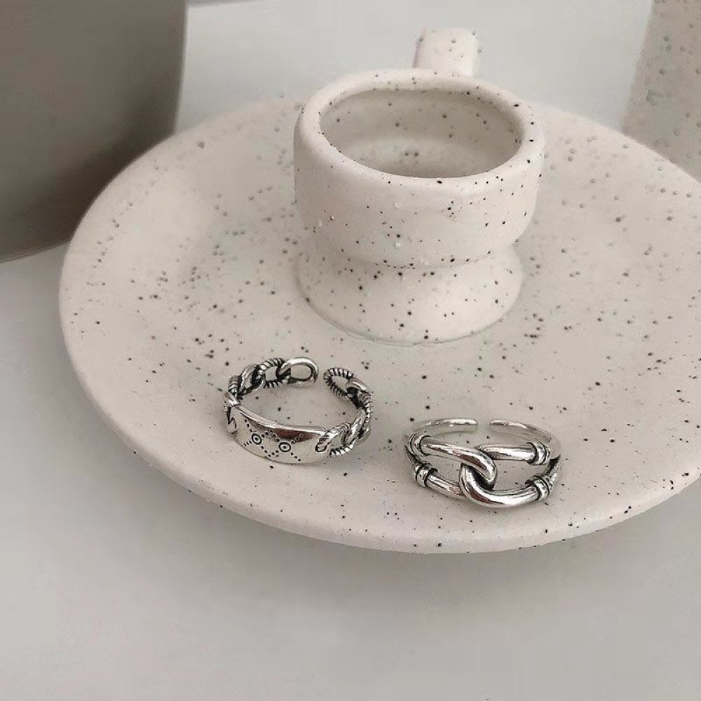 Set 3 nhẫn kim loại mạ bạc thiết kế hình học phong cách Vintage