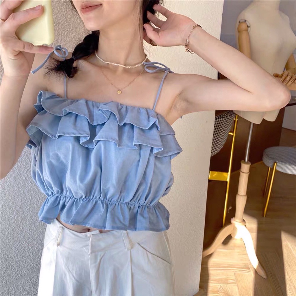 Áo 2 Dây Croptop Nữ Thắt Nơ Bèo Nhún Ngực Eo Xanh Trắng Đen - Áo Croptop Thô Đũi Độc Lạ Tôn Dáng 3 Máu
