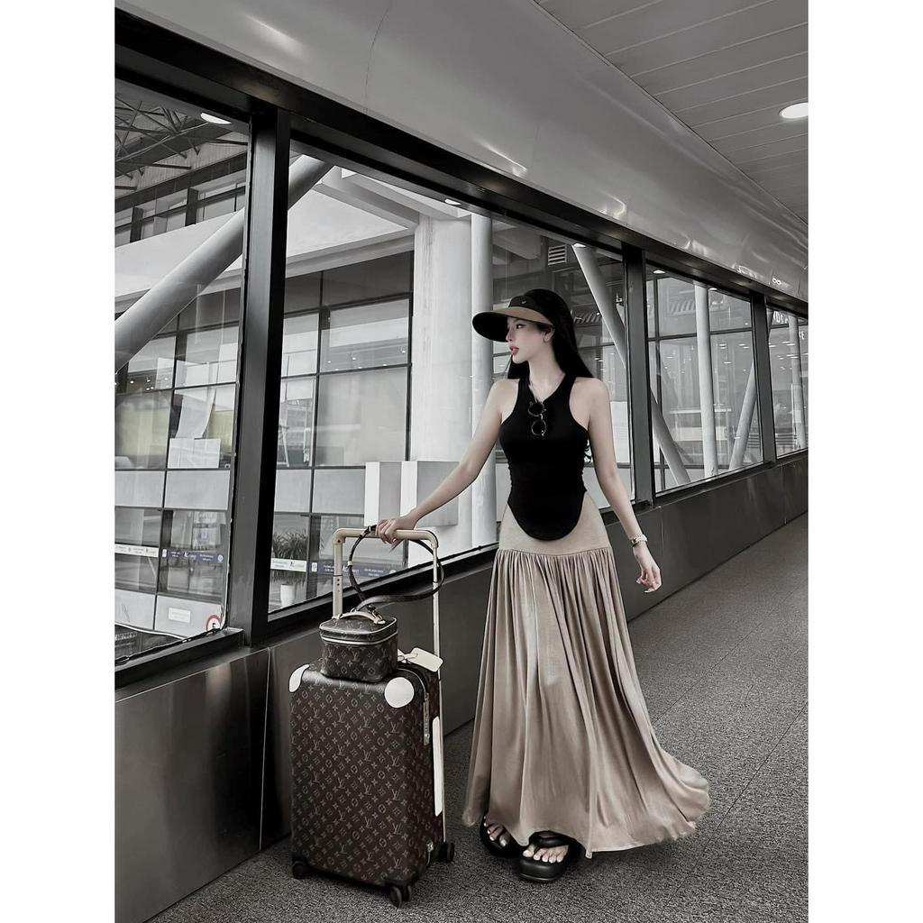 D43 Set Áo Ba Lỗ Vạt Bầu + Chân Váy Midi Xòe Dáng Dài Chất Thun Thời Trang Nữ