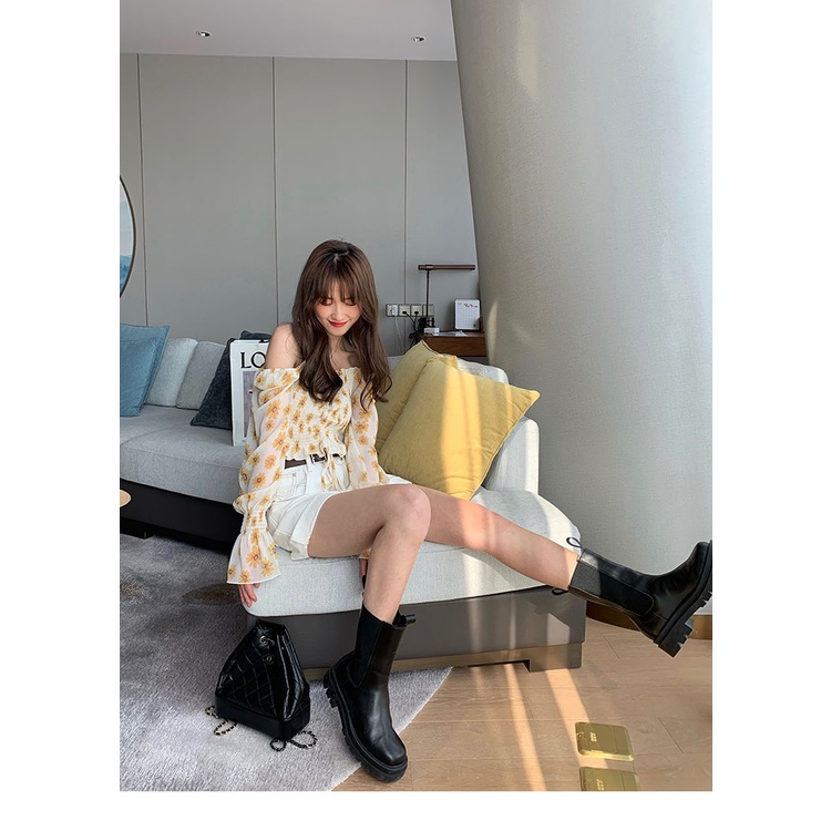 Áo Kiểu Chiffon Tay Phồng Cổ Vuông Họa Tiết Hoa Phong Cách Pháp