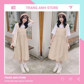Set váy yếm kaki be TRANG ANH kết hợp áo thun trắng - Bộ đầm 2 dây bản to TRANG ANH màu be dáng dài Ulzzang TS211