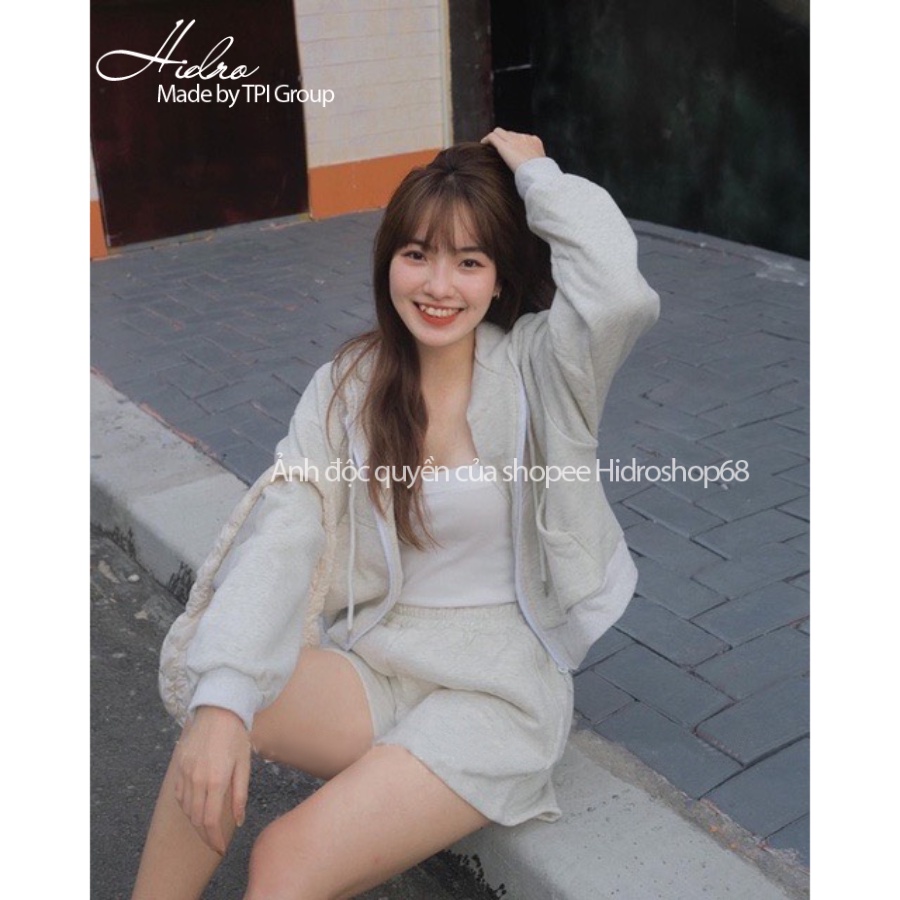 Set hoodie nỉ kéo khóa có mũ mix quần short nữ phong cách thể thao khỏe khoắn