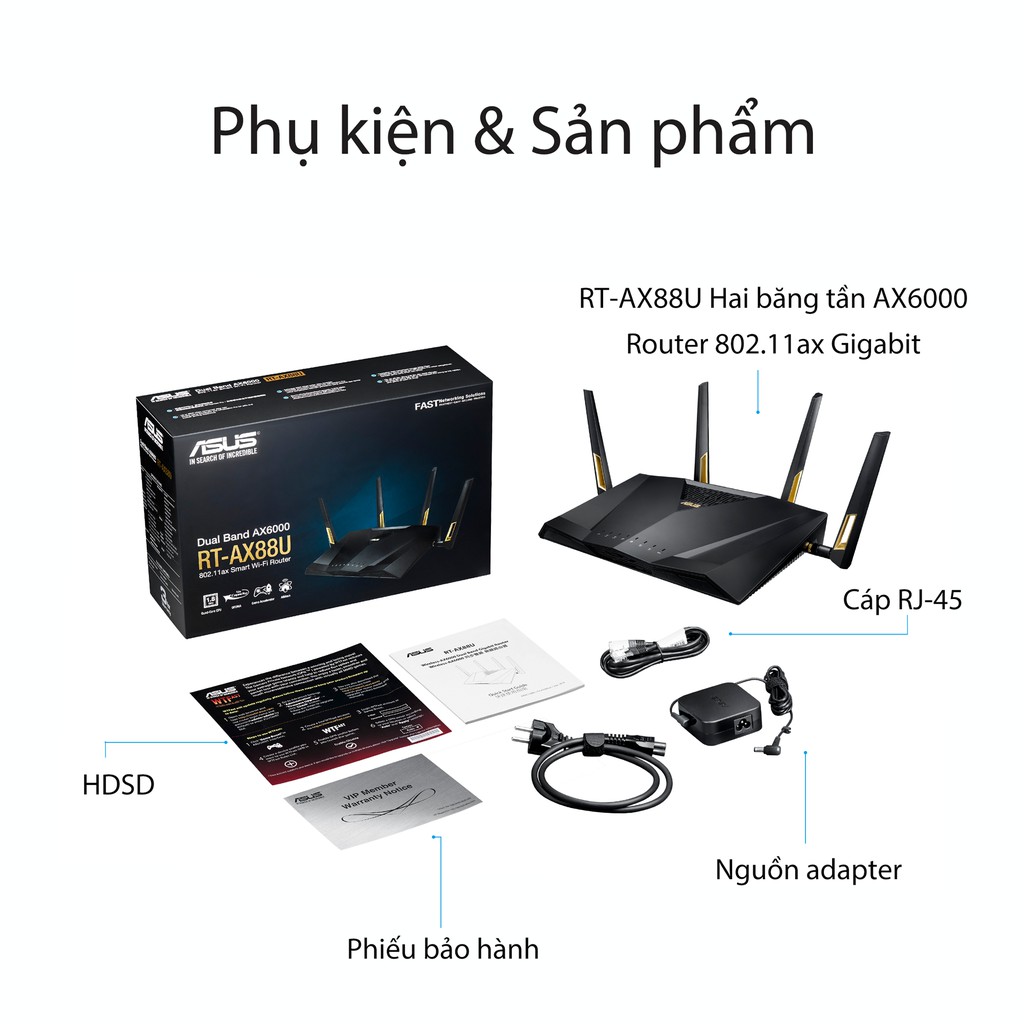 Router Wifi ASUS RT-AX88U Hai Băng Tần, Chuẩn AX6000 (Chuyên Cho Gaming, 4K Streaming)- Hàng Chính Hãng