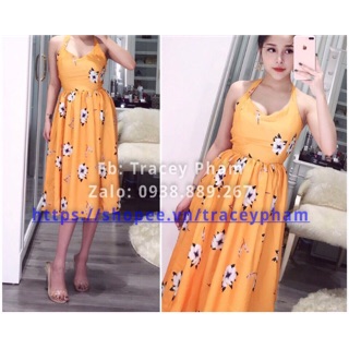 Đầm maxi vàng dây chéo lưng