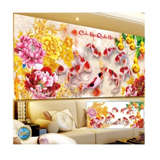 Tranh đính đá cửu ngư quần hội 180x85cm