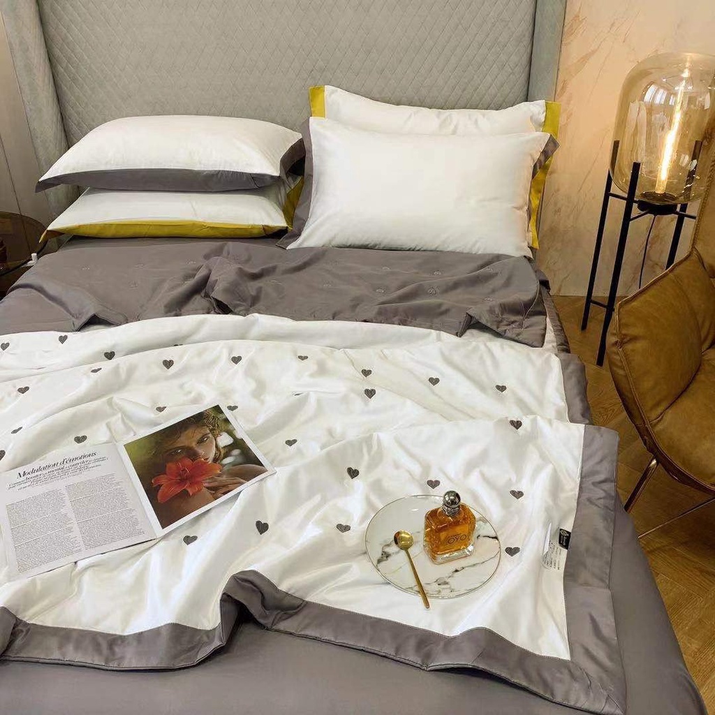 Bộ chăn chần hè - ga gối lụa tencel 60s thêu tim   cao cấp mát lạnh mềm mịn - nhiều màu