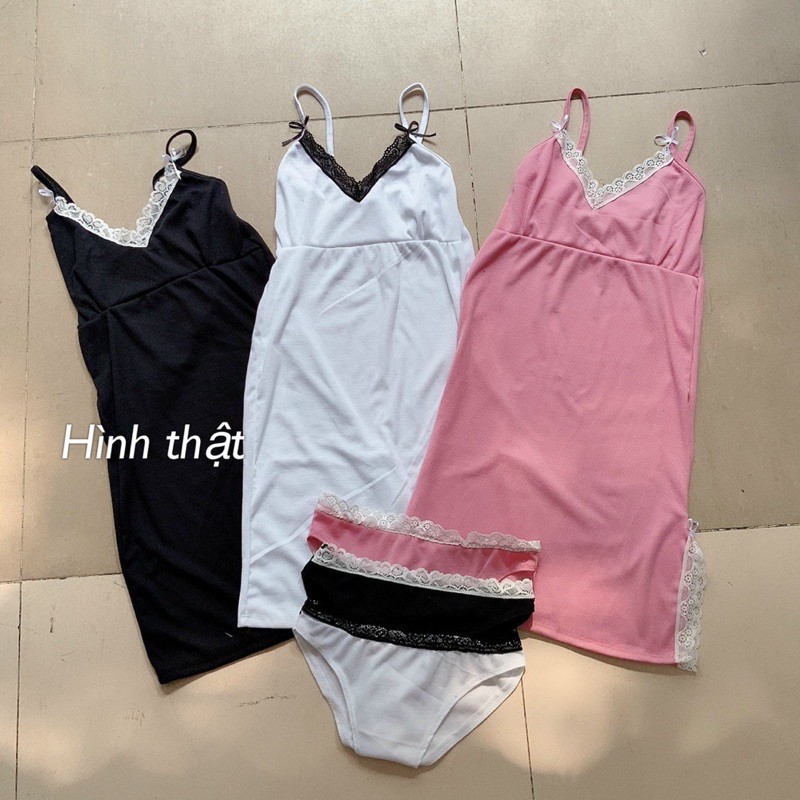 Đầm ngủ 2 dây tặng kèm quần chip phối ren vải thun gân - A2U | BigBuy360 - bigbuy360.vn