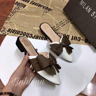 Giày mules nơ mũi nhọn gót vuông 3cm